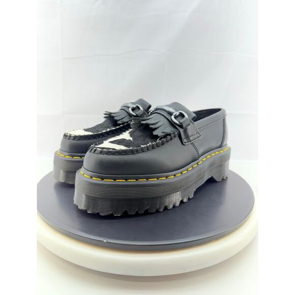 Dr. Martens Adrian Snaffle Quad Womens Size 6 Platform Loafers Black Cow Print - Picture 1 of 8